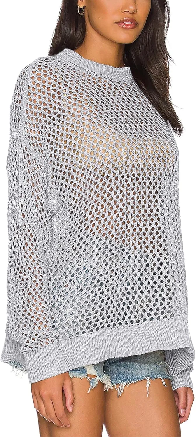 Ebifin Womens Crochet Tops Long Sleeve Beach Summer Sweater Crew Neck Mesh Cover Ups Bikini Swimsuit Tunic Pullover Tops