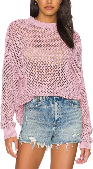 Ebifin Womens Crochet Tops Long Sleeve Beach Summer Sweater Crew Neck Mesh Cover Ups Bikini Swimsuit Tunic Pullover Tops