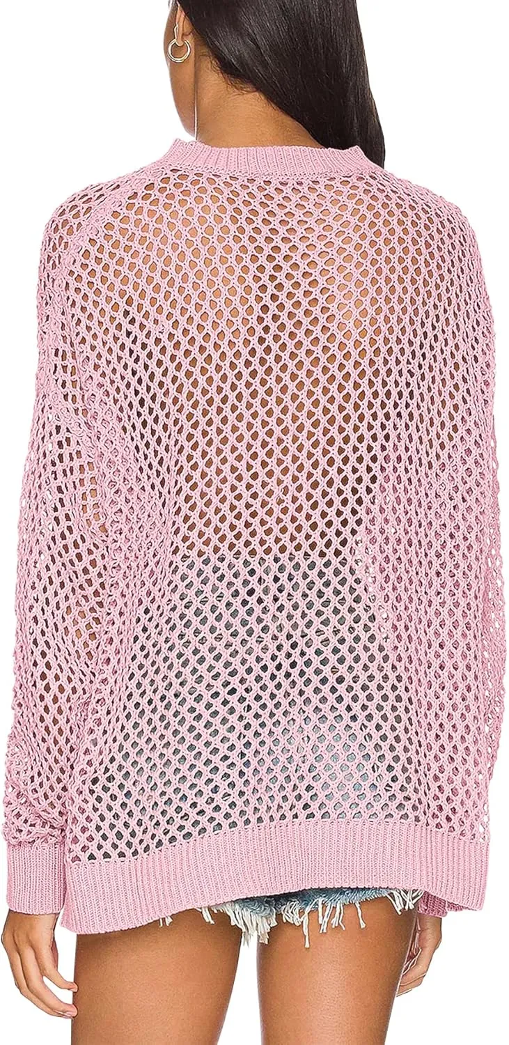 Ebifin Womens Crochet Tops Long Sleeve Beach Summer Sweater Crew Neck Mesh Cover Ups Bikini Swimsuit Tunic Pullover Tops