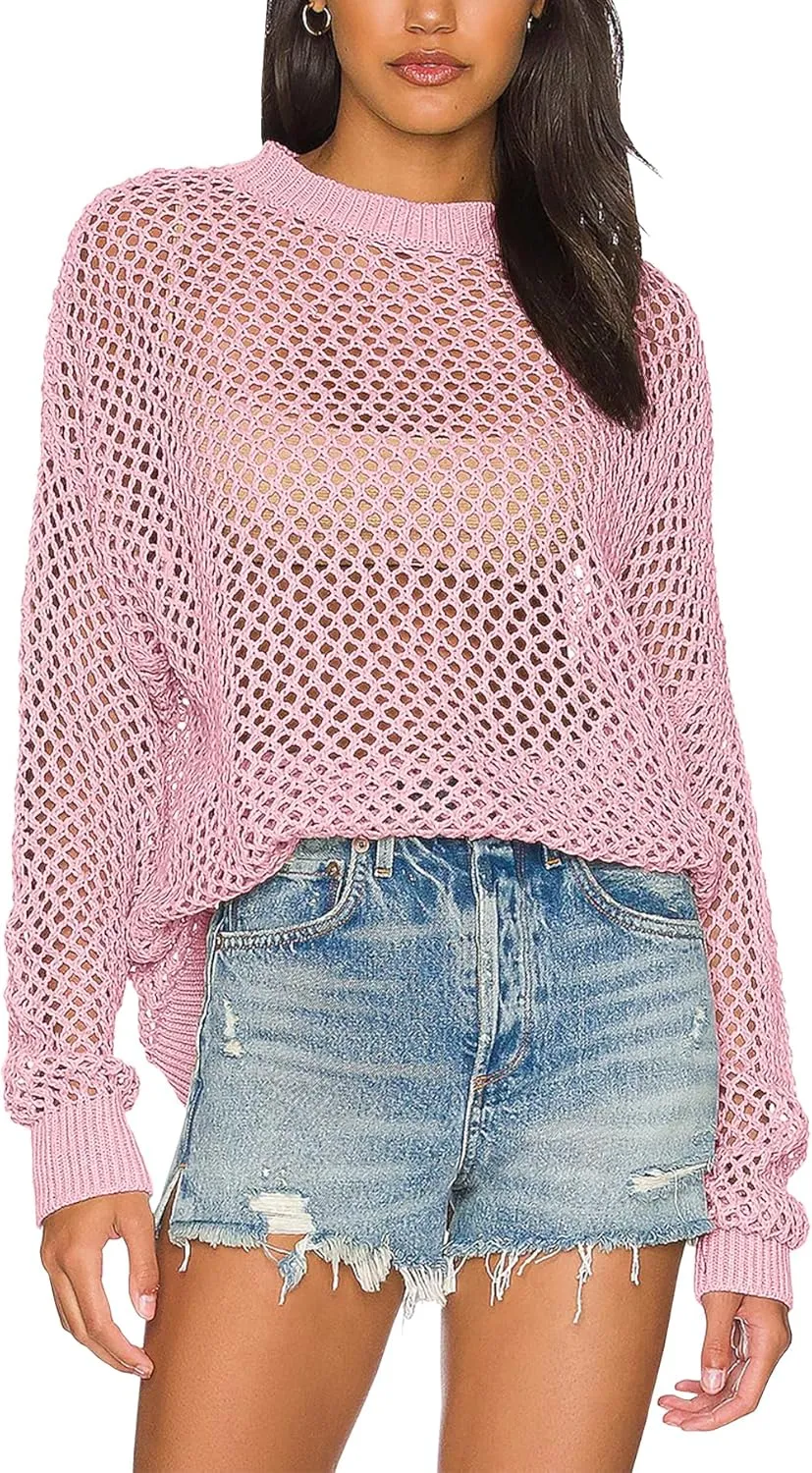 Ebifin Womens Crochet Tops Long Sleeve Beach Summer Sweater Crew Neck Mesh Cover Ups Bikini Swimsuit Tunic Pullover Tops
