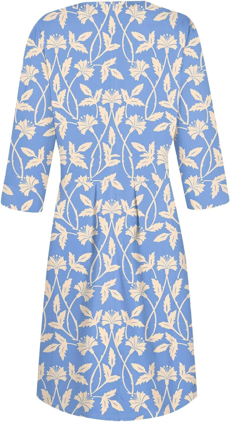 Elegant Women's Floral Print A-Line Midi Dress with 3/4 Sleeves Perfect for Casual and Formal Occasions