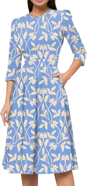 Elegant Women's Floral Print A-Line Midi Dress with 3/4 Sleeves Perfect for Casual and Formal Occasions