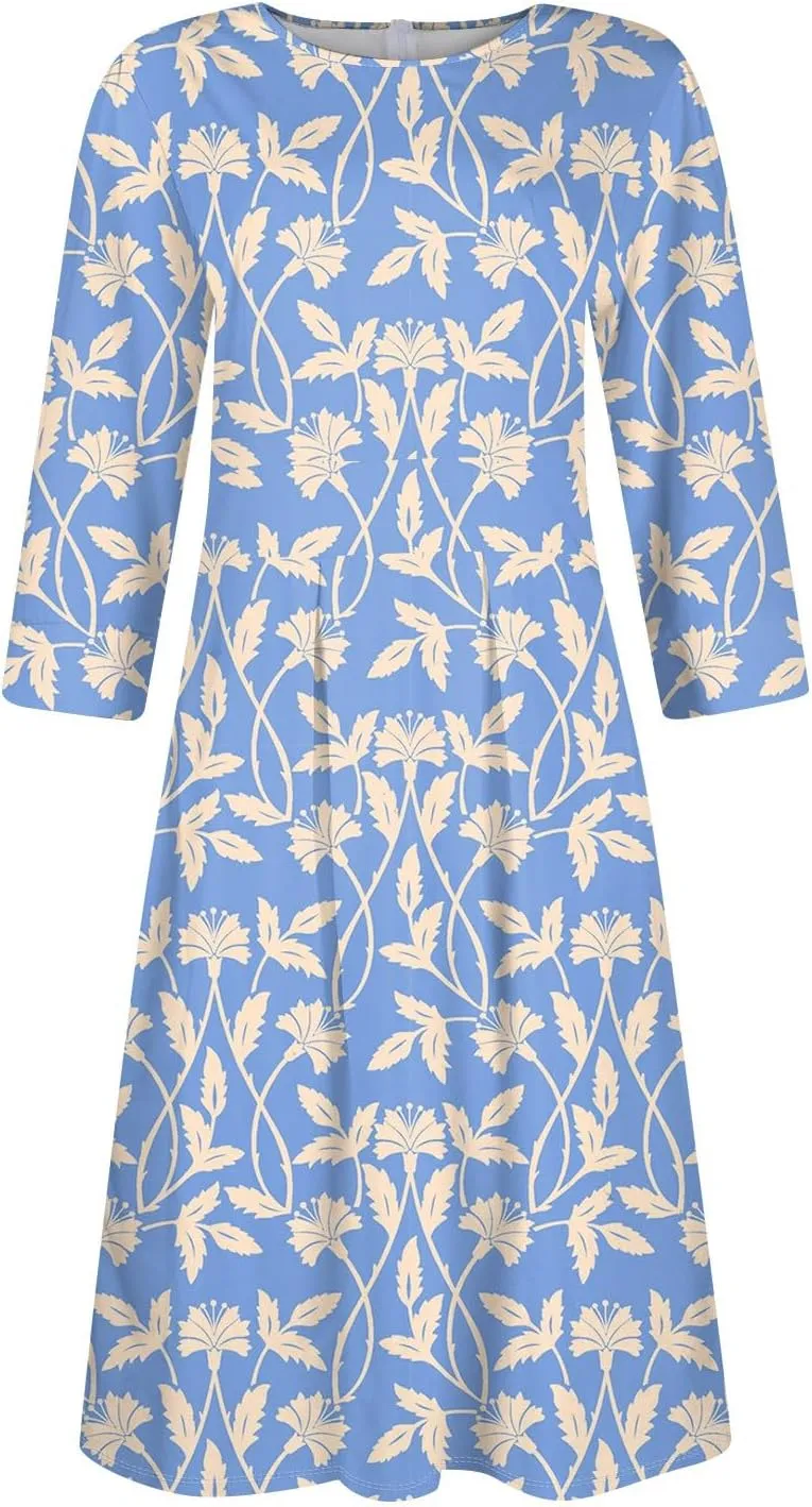 Elegant Women's Floral Print A-Line Midi Dress with 3/4 Sleeves Perfect for Casual and Formal Occasions