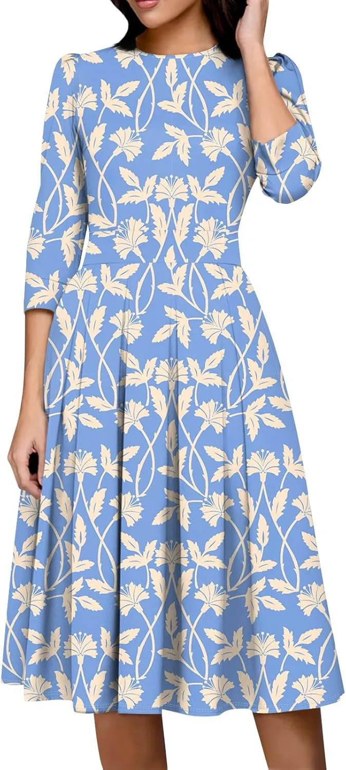 Elegant Women's Floral Print A-Line Midi Dress with 3/4 Sleeves Perfect for Casual and Formal Occasions
