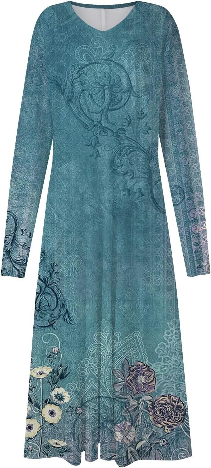 Elegant Women's Long Sleeve Floral Print V-Neck A-Line Midi Dress Perfect for Casual and Formal Occasions