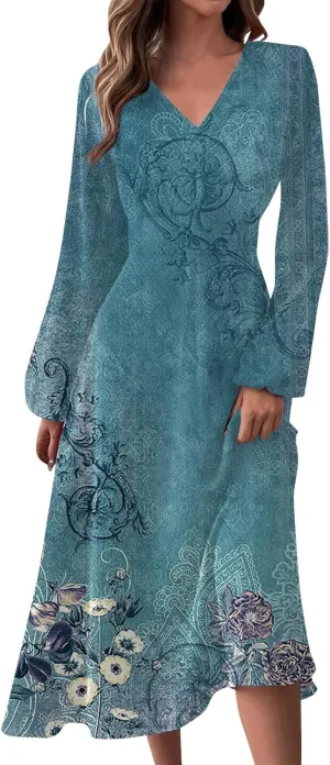 Elegant Women's Long Sleeve Floral Print V-Neck A-Line Midi Dress Perfect for Casual and Formal Occasions