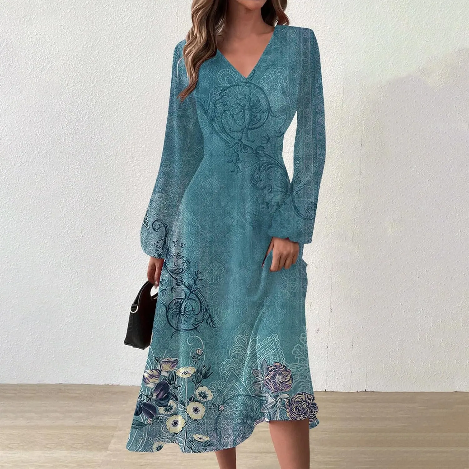 Elegant Women's Long Sleeve Floral Print V-Neck A-Line Midi Dress Perfect for Casual and Formal Occasions