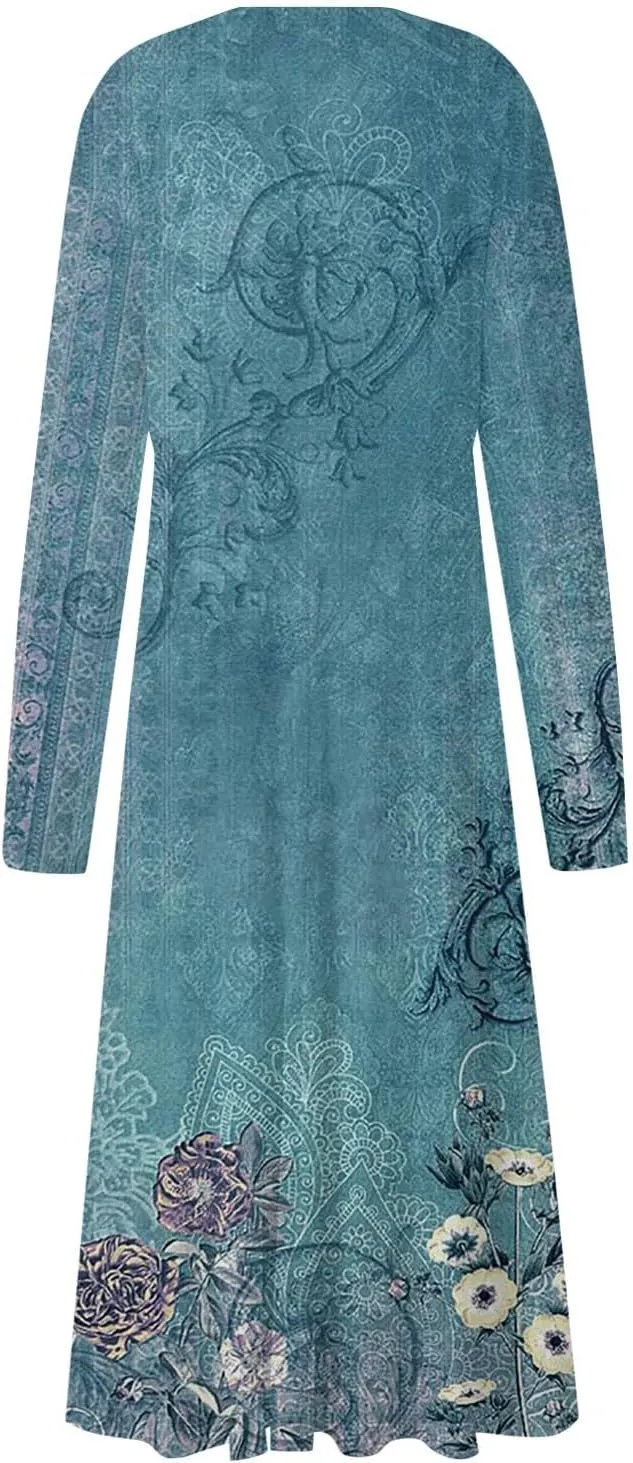 Elegant Women's Long Sleeve Floral Print V-Neck A-Line Midi Dress Perfect for Casual and Formal Occasions