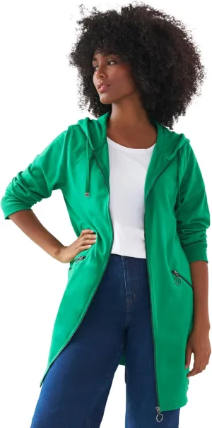 ellos Women's Plus Size Zip-Front Hoodie With Zip Pockets French Terry Long Oversized Jacket