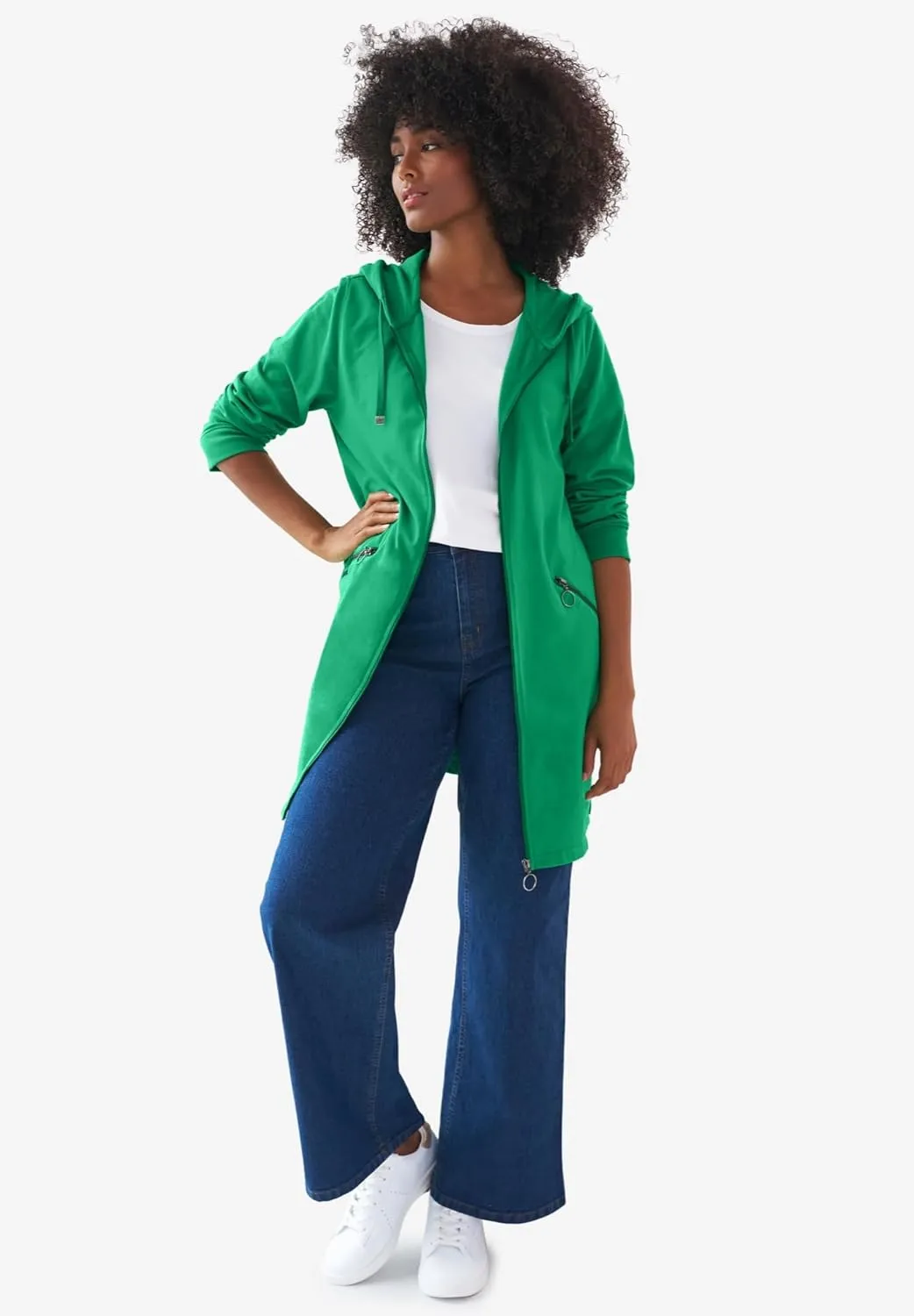 ellos Women's Plus Size Zip-Front Hoodie With Zip Pockets French Terry Long Oversized Jacket