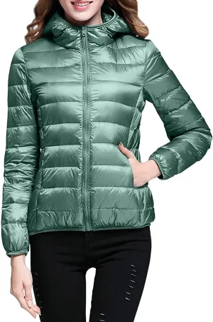 EMRELOD Women Down Jacket with Hood Lightweight Packable Zipper Winter Coat Slim Fit Casual Outdoor Solid Short Puffy Jacket