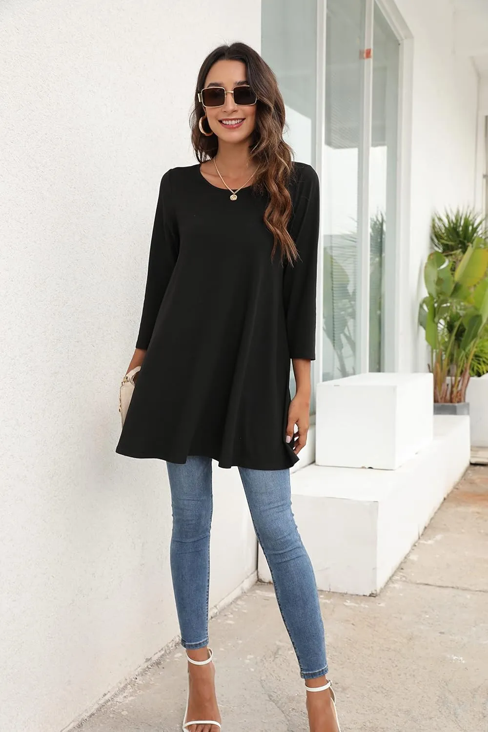 ENMAIN Womens Tunic Tops 3/4 Sleeve Plus Size Loose Fit Tunics Dressy Casual Paisley Floral Swing Flare Top for Leggings