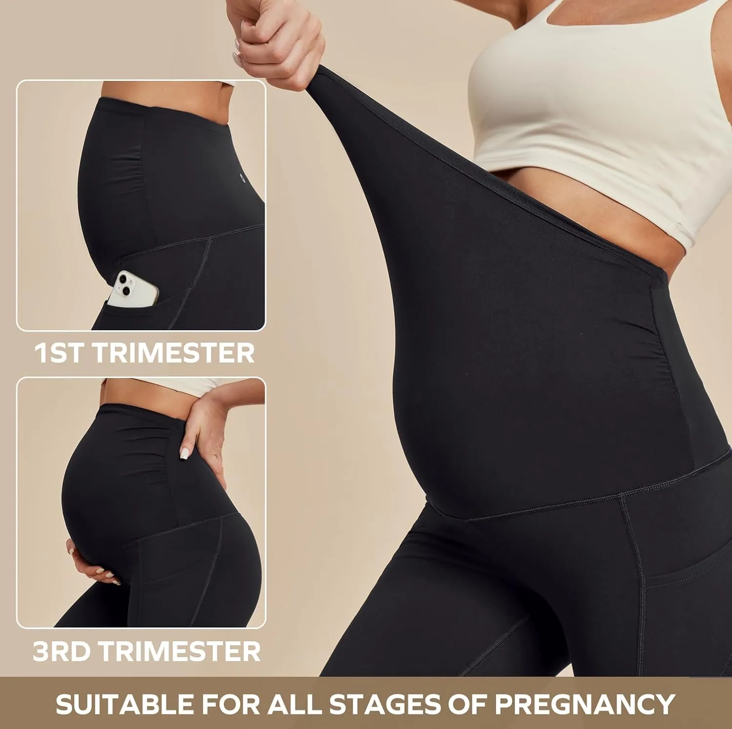 Ewedoos Fleece Lined Maternity Leggings with Pockets Shirred Sides Warm Pregnancy Leggings Over The Belly Thermal Yoga Pants