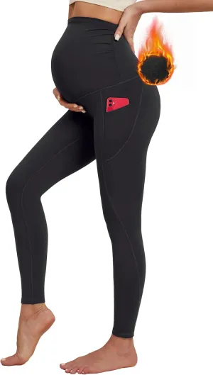 Ewedoos Fleece Lined Maternity Leggings with Pockets Shirred Sides Warm Pregnancy Leggings Over The Belly Thermal Yoga Pants
