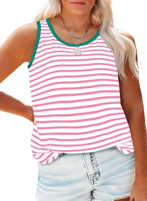Eytino Plus Size Tank Tops for Women Sleeveless Crew Neck Striped Casual Summer Loose Tee Shirts(1X-5X)