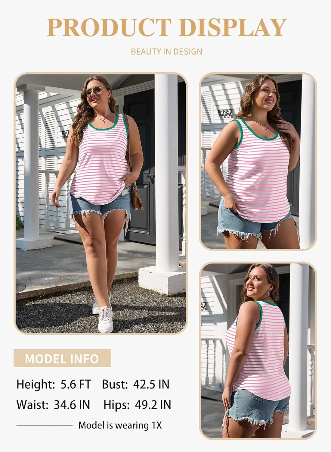 Eytino Plus Size Tank Tops for Women Sleeveless Crew Neck Striped Casual Summer Loose Tee Shirts(1X-5X)