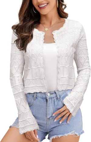 FAIRY SEASON Women's Cropped Cardigan Sweater Bell Long Sleeve Lightweight Crochet Button Down Casual Knit Bolero Shrugs 2025