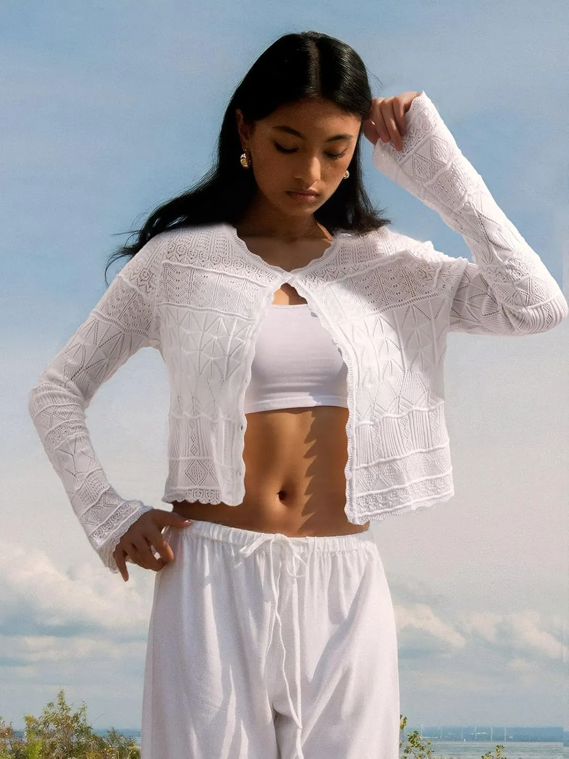 FAIRY SEASON Women's Cropped Cardigan Sweater Bell Long Sleeve Lightweight Crochet Button Down Casual Knit Bolero Shrugs 2025