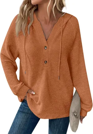 Fall Hoodies for Women Waffle Knit Raglan Long Sleeve Tops V Neck Button Down Shirts Hooded Tunic Pullover Sweaters