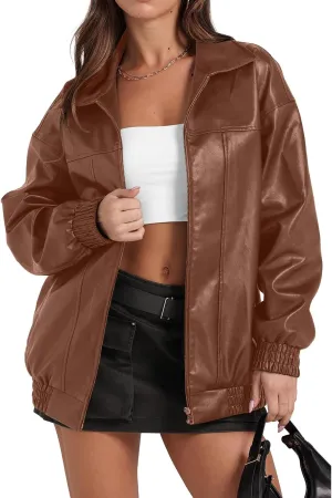 Faux Leather Jacket Women Oversized Leather Bomber Jackets Faux Suede Fall Fashion Motorcycle Coats Black Biker Outfit