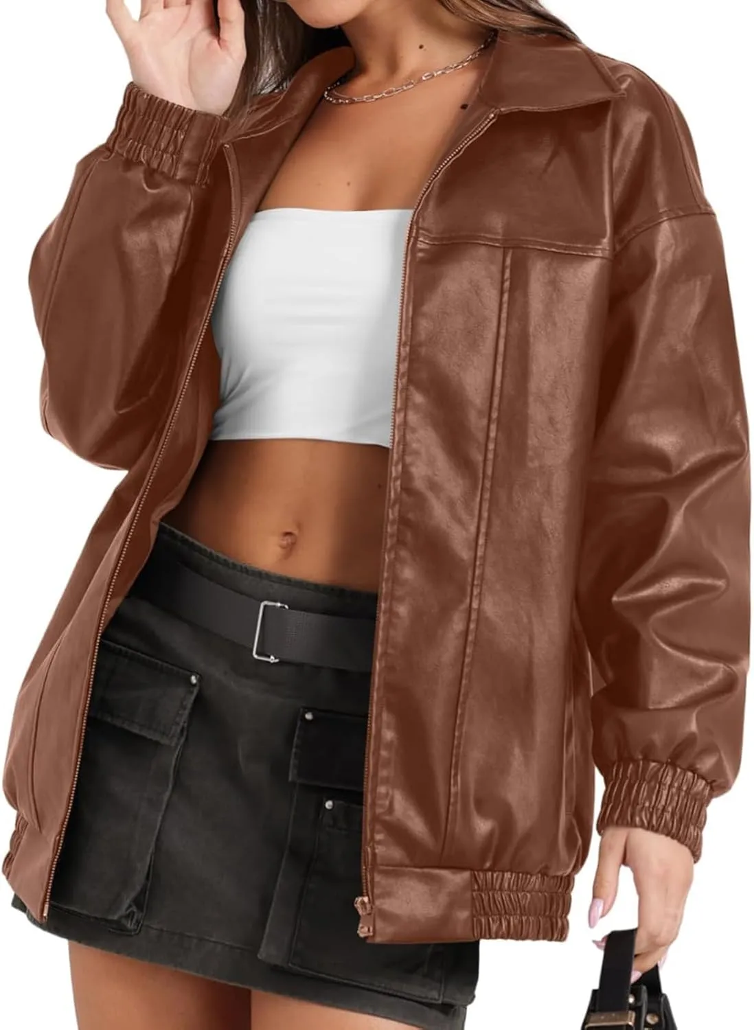 Faux Leather Jacket Women Oversized Leather Bomber Jackets Faux Suede Fall Fashion Motorcycle Coats Black Biker Outfit