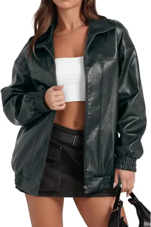 Faux Leather Jacket Women Oversized Leather Bomber Jackets Faux Suede Fall Fashion Motorcycle Coats Black Biker Outfit