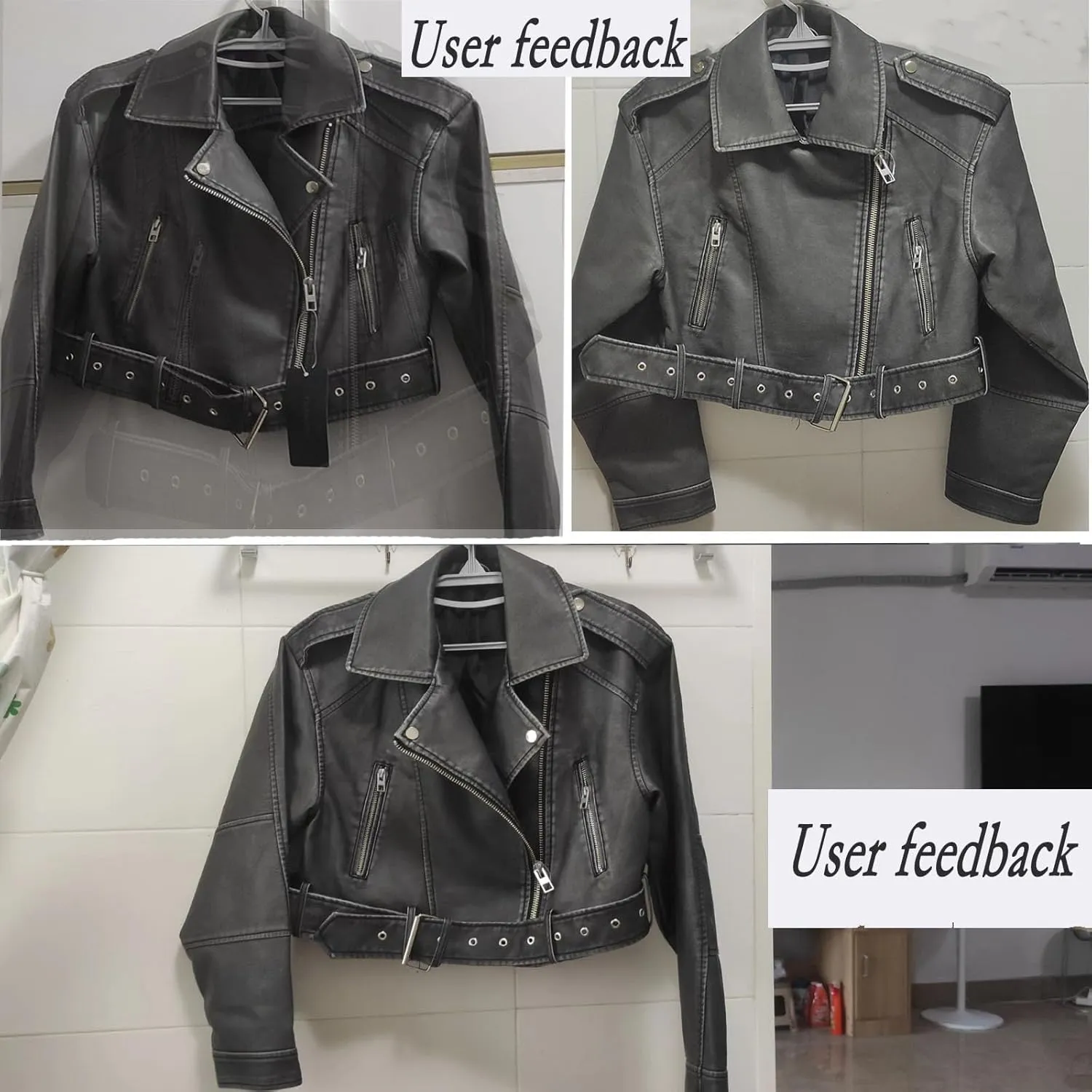 Faux leather jacket womens motorcycle Coat Lapel Casual Zip Up Cropped jacket Moto Biker Outwear with Belt(Gray,Large)