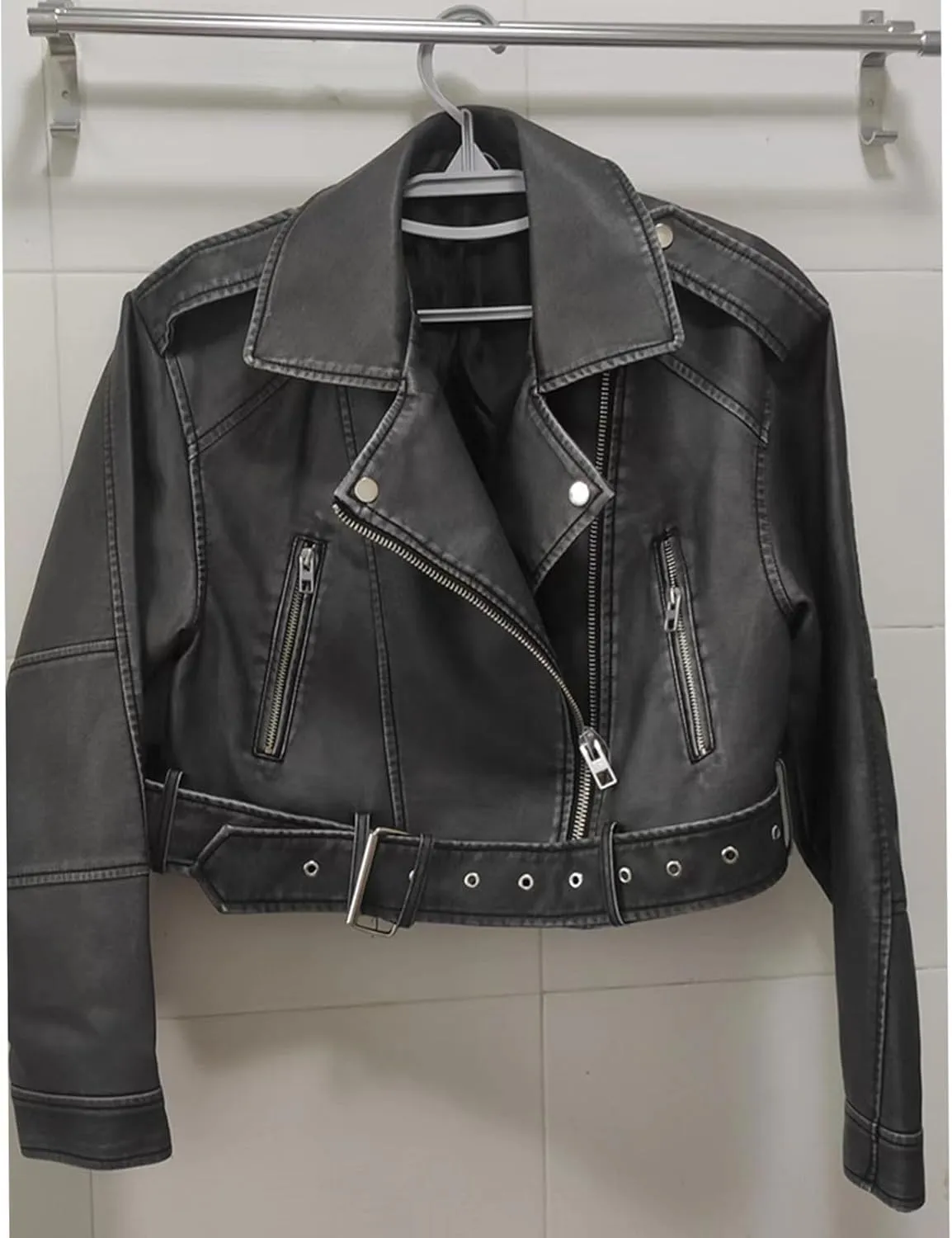 Faux leather jacket womens motorcycle Coat Lapel Casual Zip Up Cropped jacket Moto Biker Outwear with Belt(Gray,Large)