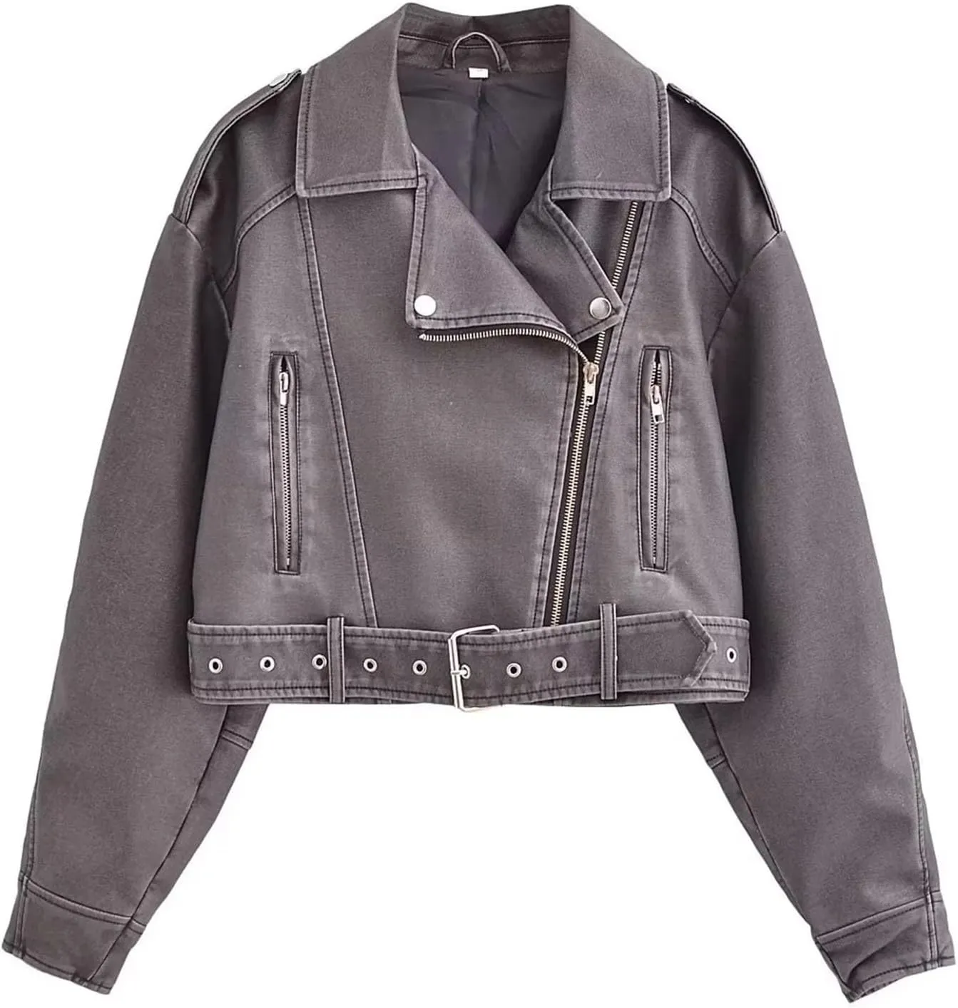 Faux leather jacket womens motorcycle Coat Lapel Casual Zip Up Cropped jacket Moto Biker Outwear with Belt(Gray,Large)