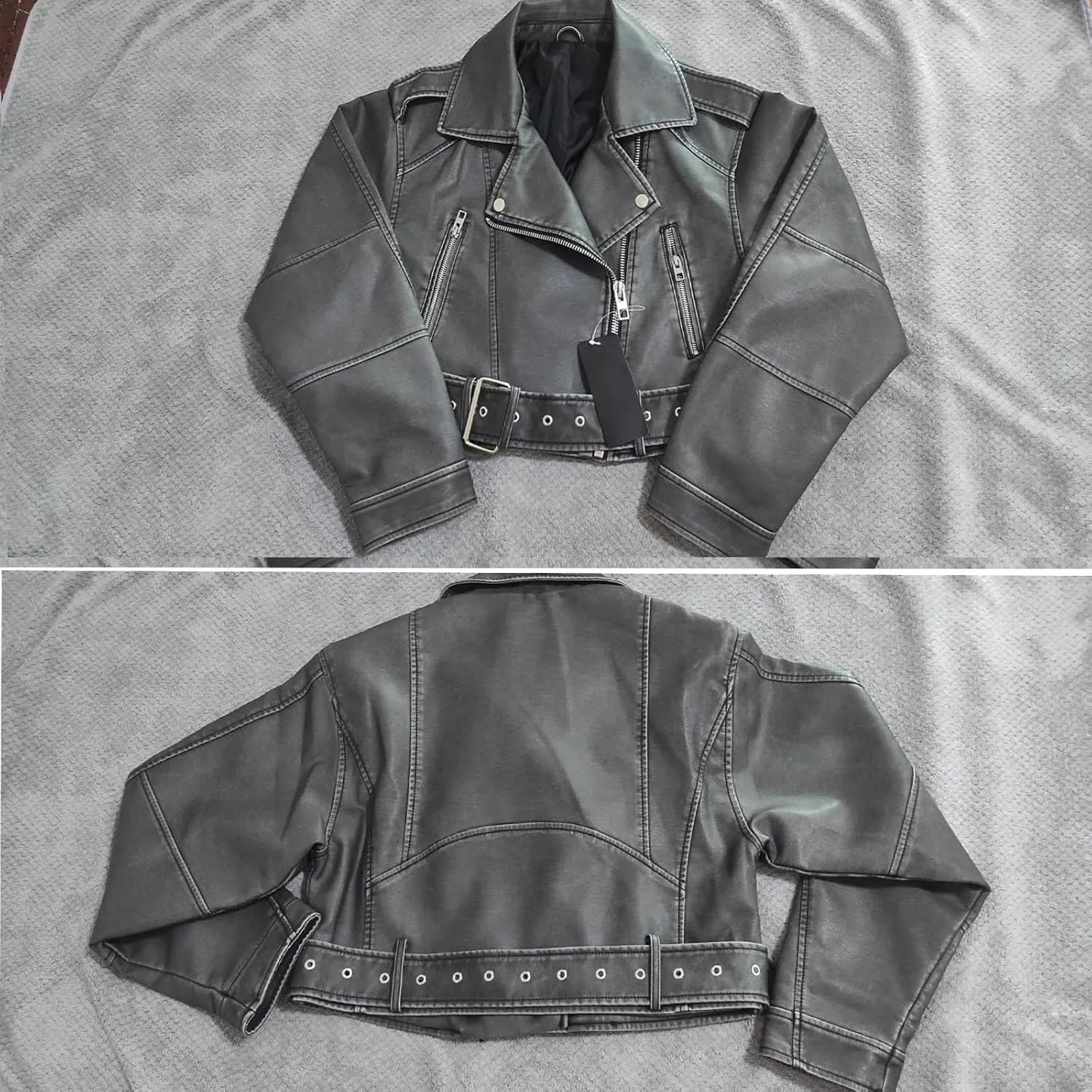 Faux leather jacket womens motorcycle Coat Lapel Casual Zip Up Cropped jacket Moto Biker Outwear with Belt(Gray,Large)