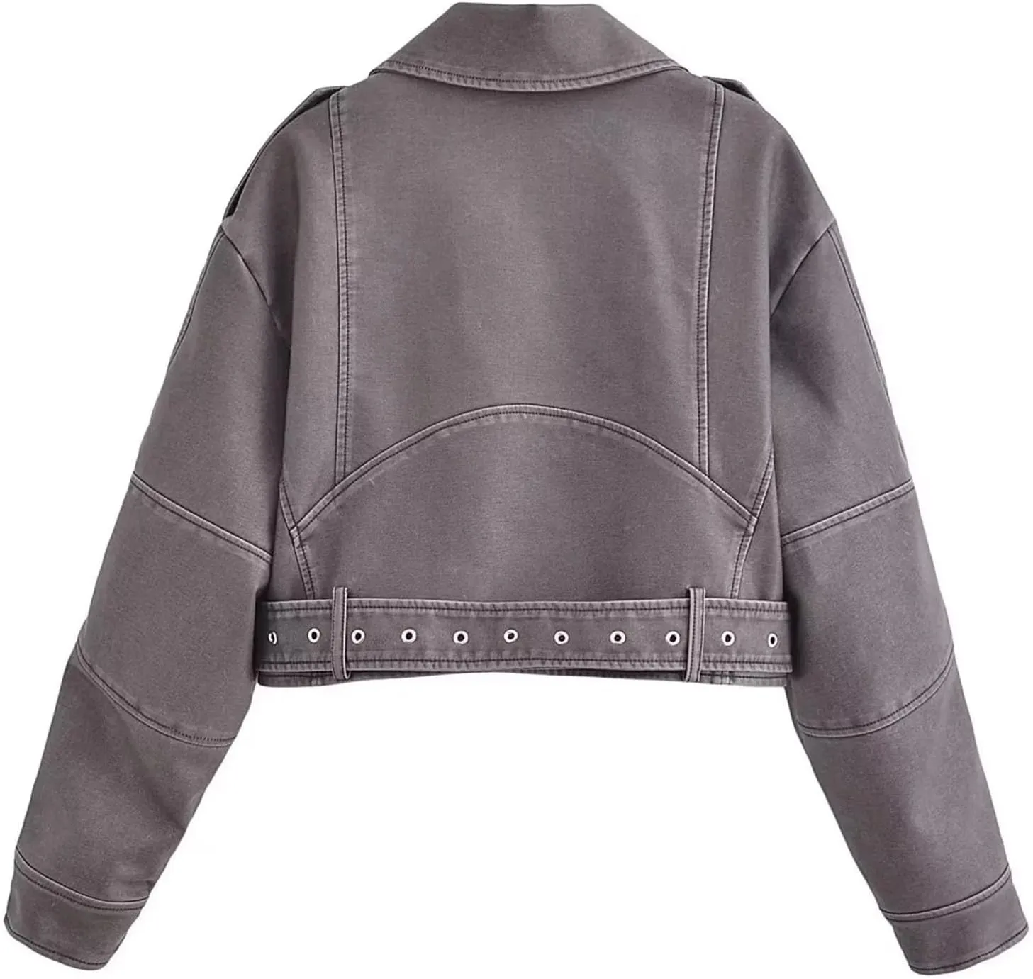 Faux leather jacket womens motorcycle Coat Lapel Casual Zip Up Cropped jacket Moto Biker Outwear with Belt(Gray,Large)