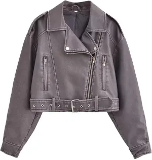 Faux leather jacket womens motorcycle Coat Lapel Casual Zip Up Cropped jacket Moto Biker Outwear with Belt(Gray,Large)