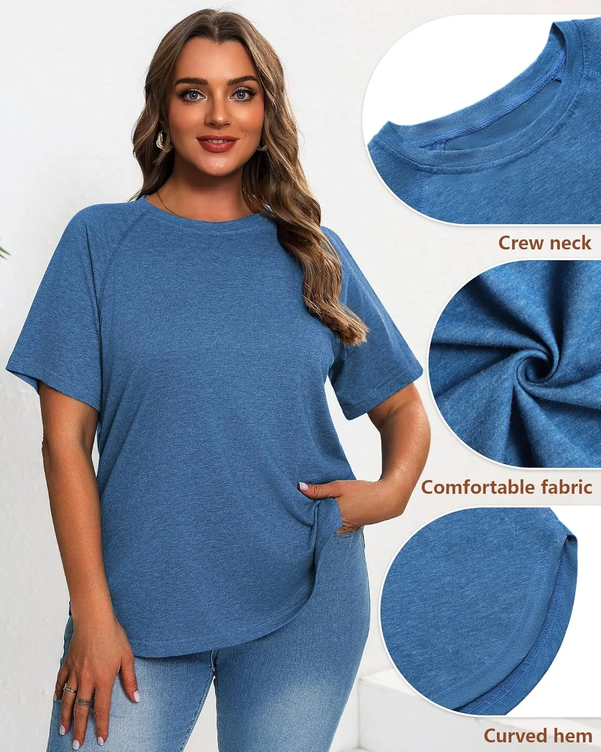 Ficerd 3 Pack Plus Size Tops for Women Casual Crewneck Raglan Sleeve Loose Tunic Tee Summer Basic Workout T Shirts XL-5XL