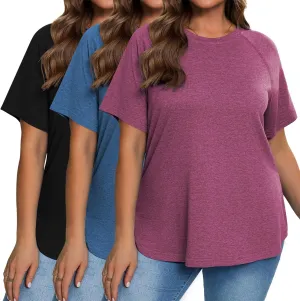 Ficerd 3 Pack Plus Size Tops for Women Casual Crewneck Raglan Sleeve Loose Tunic Tee Summer Basic Workout T Shirts XL-5XL