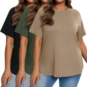Ficerd 3 Pack Plus Size Tops for Women Casual Crewneck Raglan Sleeve Loose Tunic Tee Summer Basic Workout T Shirts XL-5XL
