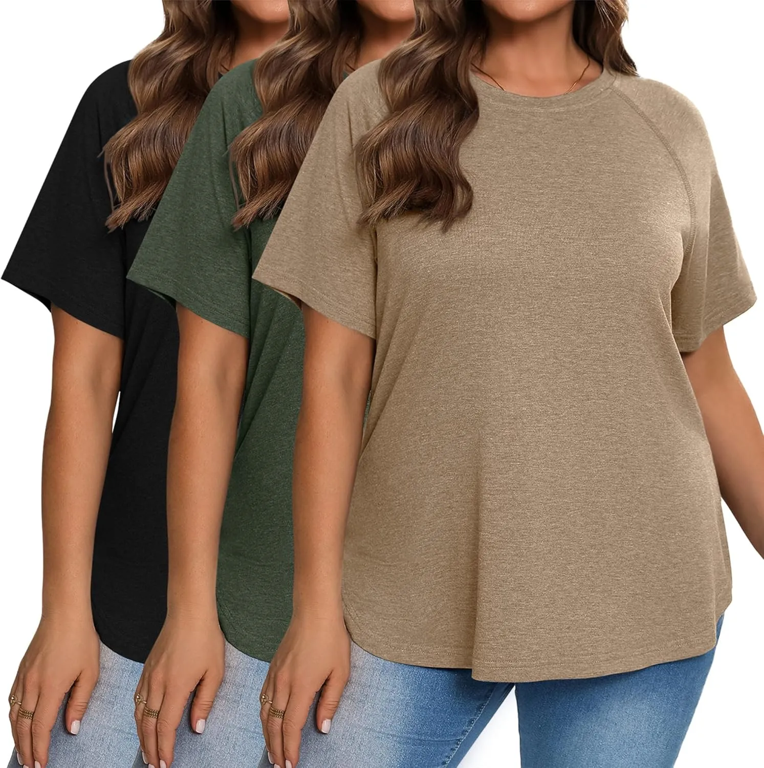 Ficerd 3 Pack Plus Size Tops for Women Casual Crewneck Raglan Sleeve Loose Tunic Tee Summer Basic Workout T Shirts XL-5XL