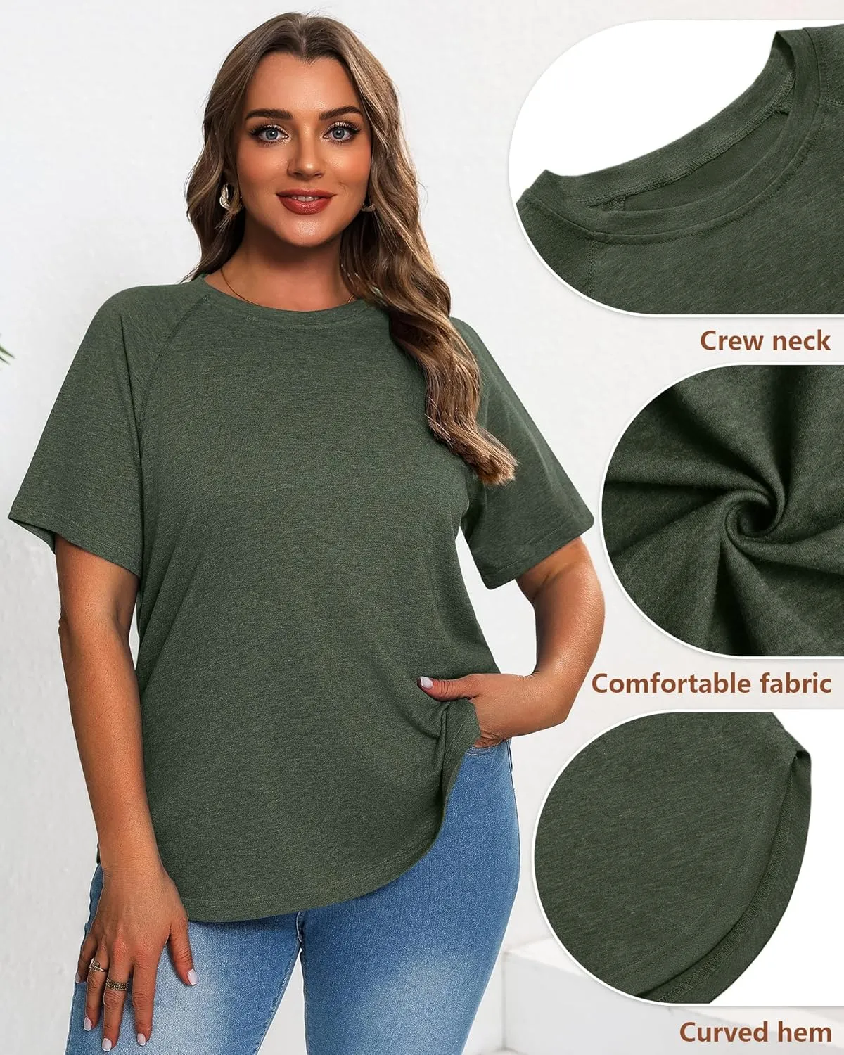 Ficerd 3 Pack Plus Size Tops for Women Casual Crewneck Raglan Sleeve Loose Tunic Tee Summer Basic Workout T Shirts XL-5XL