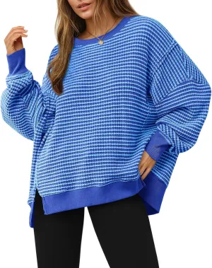 Fisoew Women's Fall Oversized Sweatshirt Casual Waffle Knit Long Sleeve Crewneck Split Pullover Tunic Tops