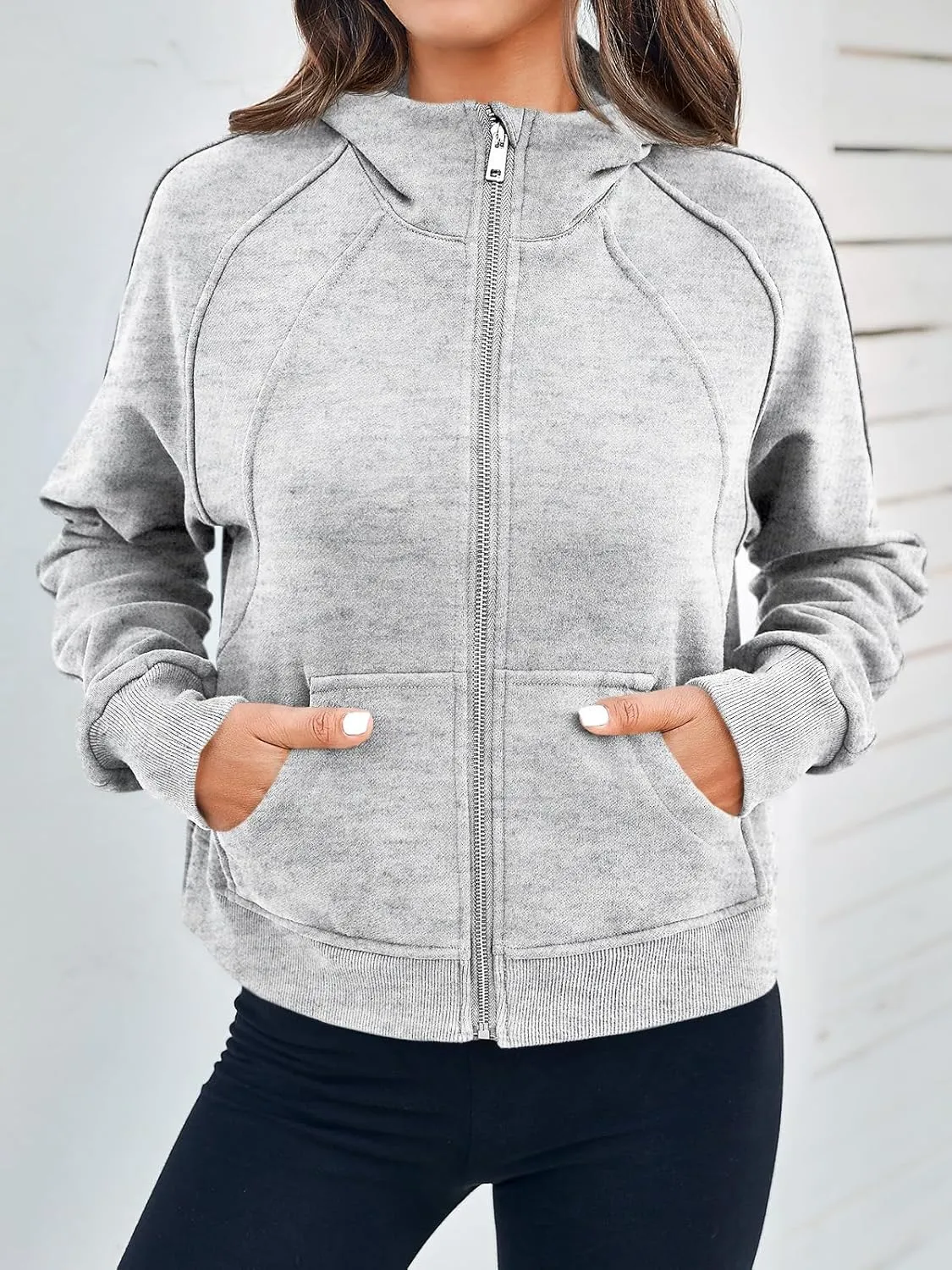Fisoew Womens Zip Up Sweatshirts Fleece Lined Collar Crop Hoodie Casual Cotton Long Sleeve Tops with Thumb Hole