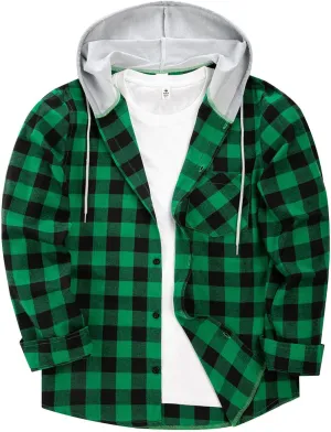 Flannel Hoodie for Mens Casual Long Sleeve Button Down Hooded Plaid Shirt Jacket Lightweight Fall Shacket Hoodies