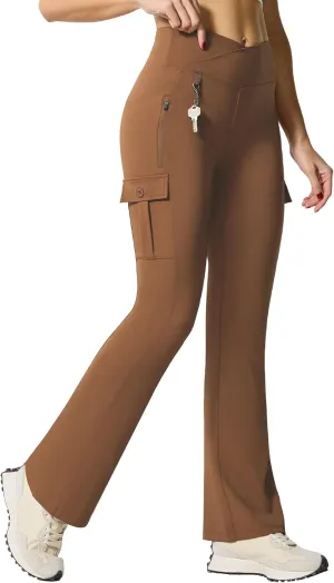 Flare Leggings for Women Yoga Crossover High Waist Pants with Tummy Control Workout Cargo with 5 Pockets Bootcut Leggings