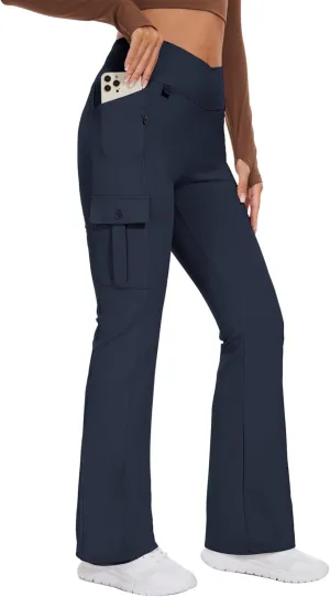 Flare Leggings for Women Yoga Crossover High Waist Pants with Tummy Control Workout Cargo with 5 Pockets Bootcut Leggings