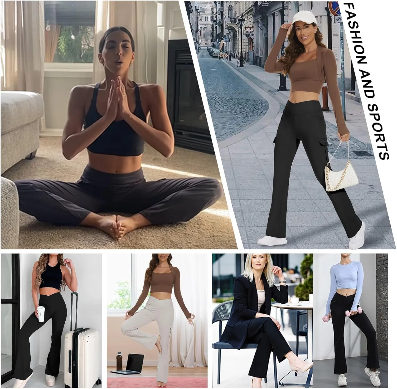 Flare Leggings for Women Yoga Crossover High Waist Pants with Tummy Control Workout Cargo with 5 Pockets Bootcut Leggings
