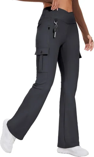 Flare Leggings for Women Yoga Crossover High Waist Pants with Tummy Control Workout Cargo with 5 Pockets Bootcut Leggings