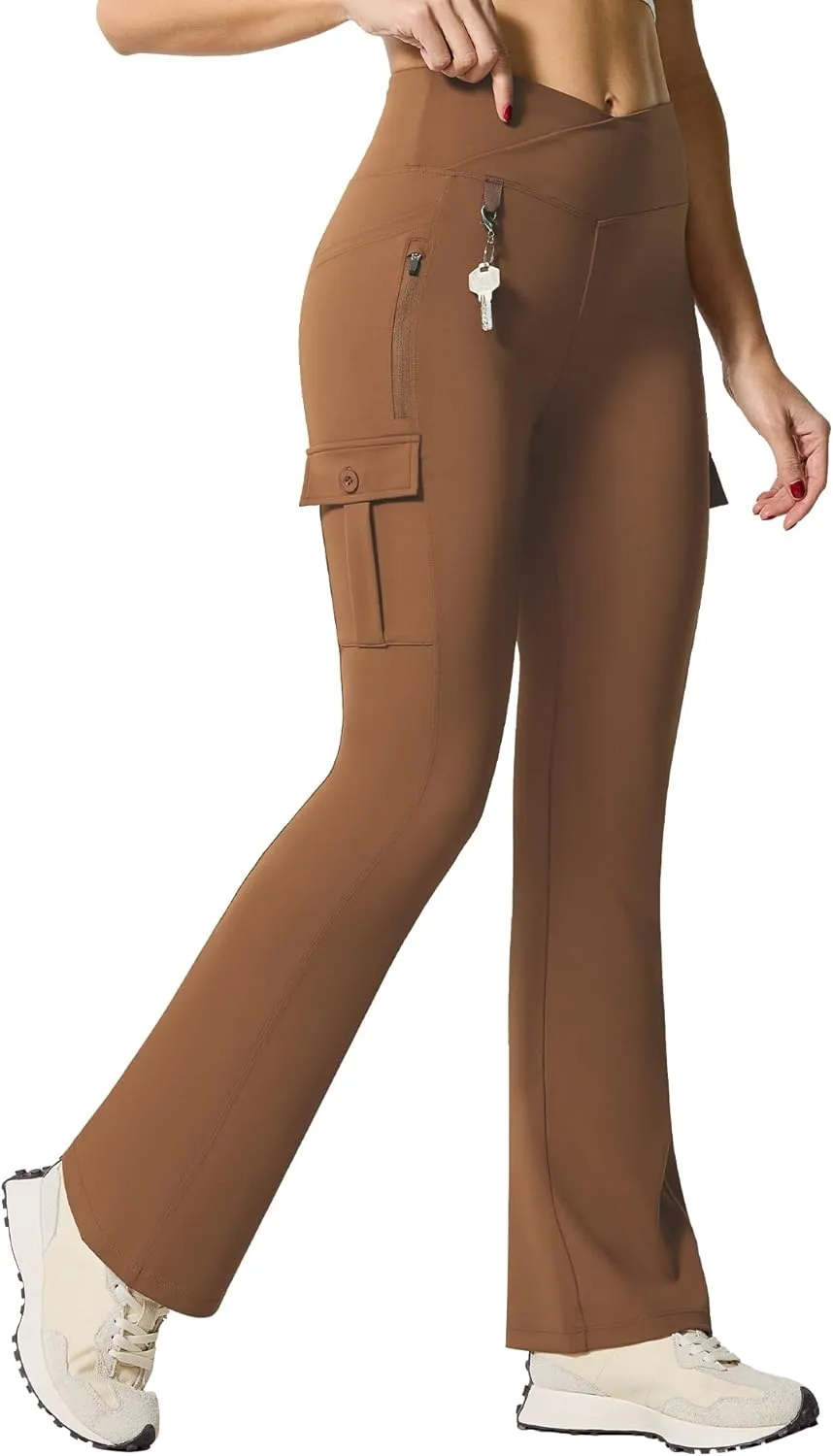 Flare Leggings for Women Yoga Crossover High Waist Pants with Tummy Control Workout Cargo with 5 Pockets Bootcut Leggings