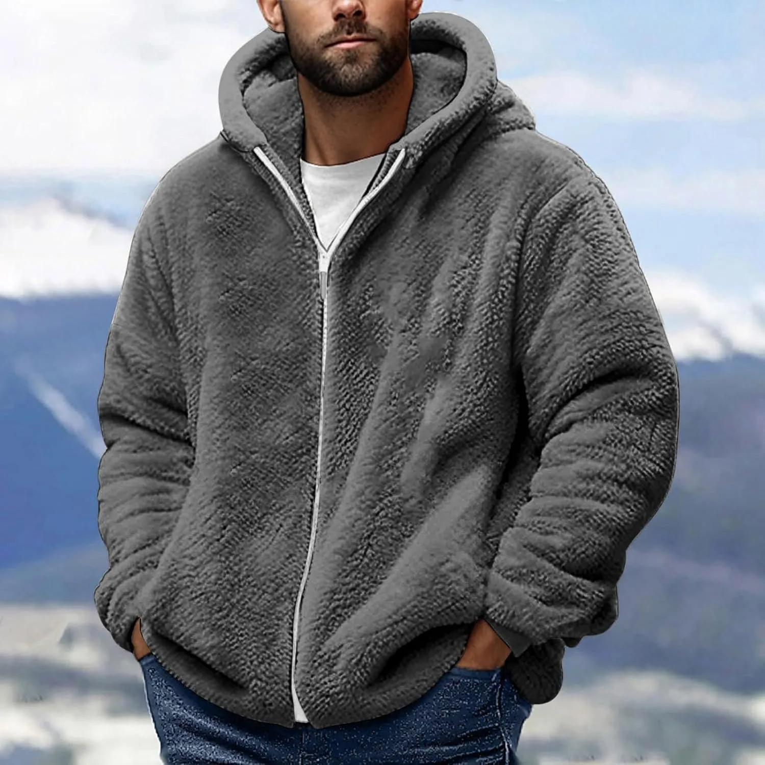 Fleece Jacket Men Fuzzy Zip up Hoodie Open Front Hooded Cardigan Faux Fur Coat Warm Fall Winter Jackets Thermal Outwear