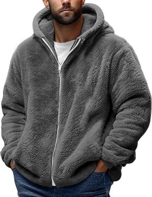 Fleece Jacket Men Fuzzy Zip up Hoodie Open Front Hooded Cardigan Faux Fur Coat Warm Fall Winter Jackets Thermal Outwear