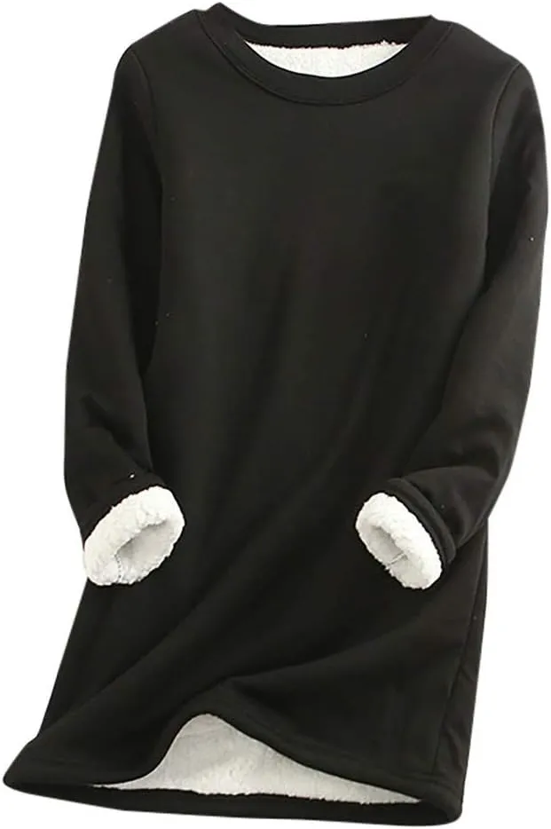 Fleece Sweatshirt for Women Winter Warm Sherpa Lined Fleece Crewneck Pullover Loungewear Tunic Tops