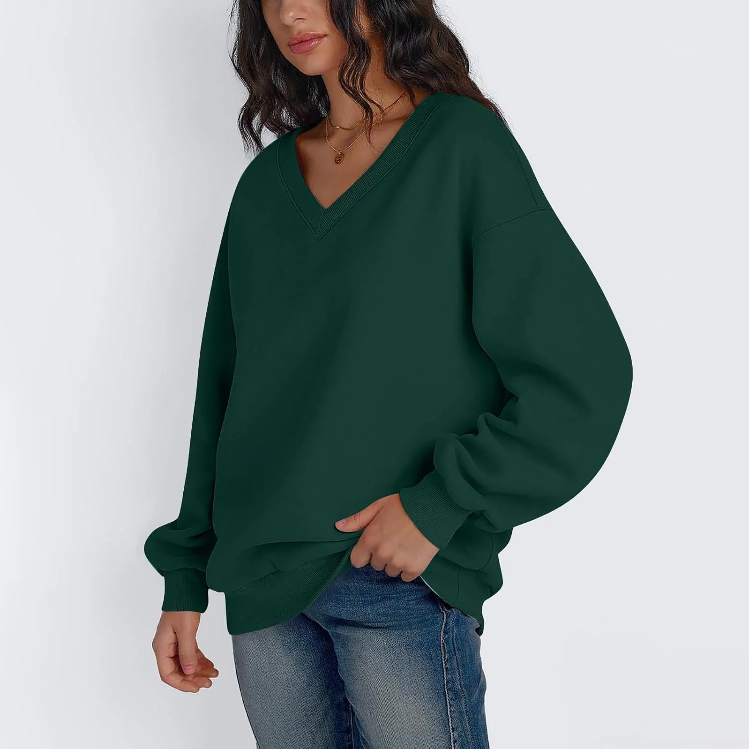 Fleece V Neck Sweatshirt Women Plain Drop Shoulder Oversized Sweatshirts Casual Baggy Comfy Soft Cotton Pullover Tops