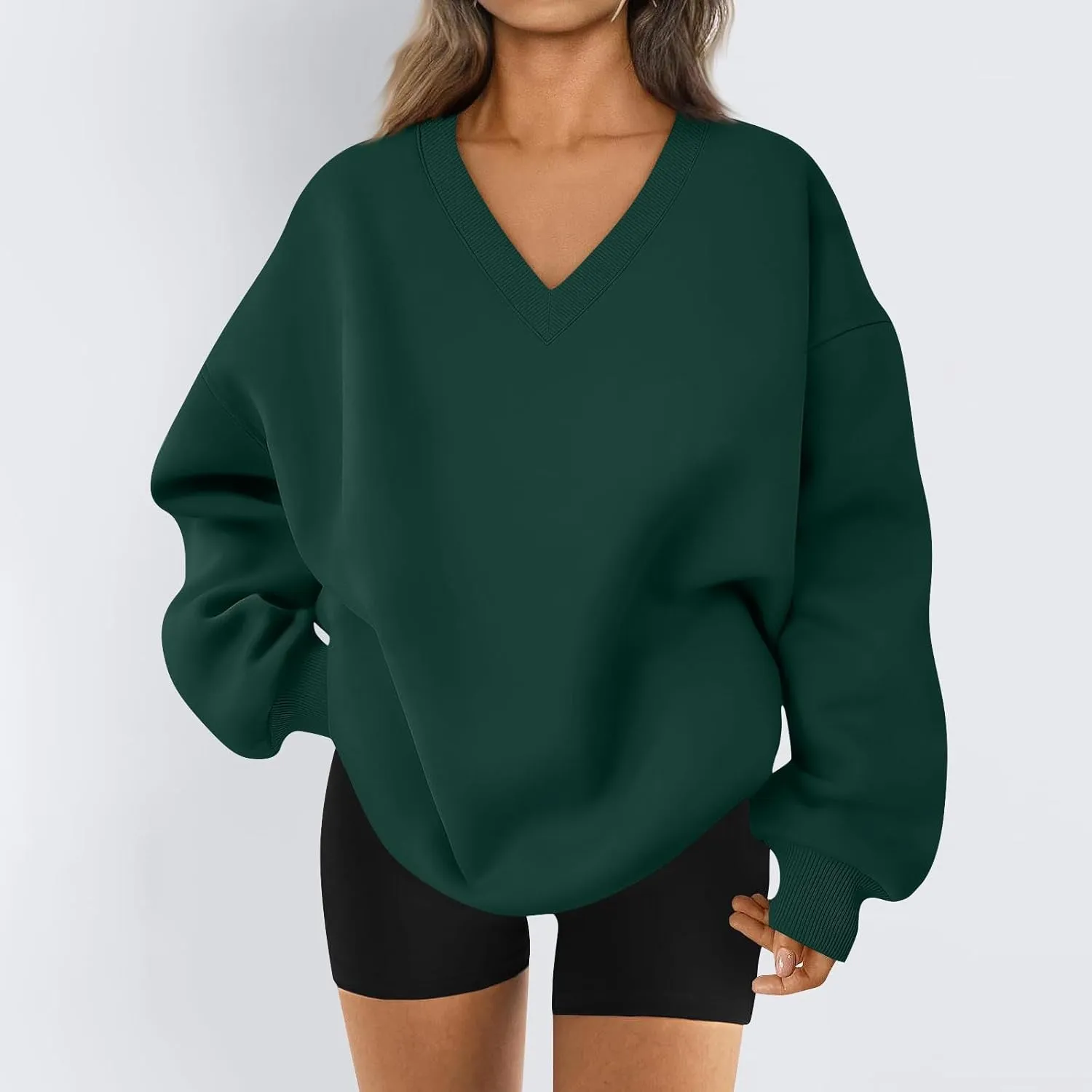 Fleece V Neck Sweatshirt Women Plain Drop Shoulder Oversized Sweatshirts Casual Baggy Comfy Soft Cotton Pullover Tops